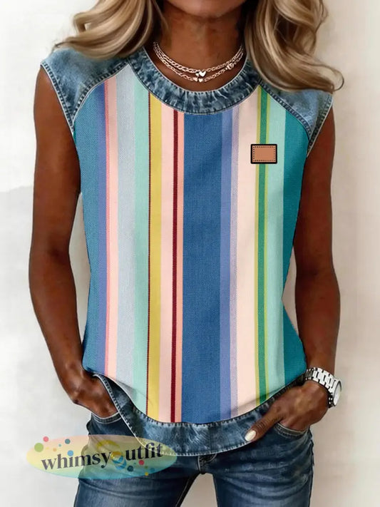 Gestreept patroon denim patchwork mouwloze top voor dames - als foto / S