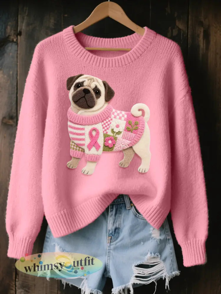 Gezellige gebreide trui met vilt Art Pug-patroon voor dames - Roze / S