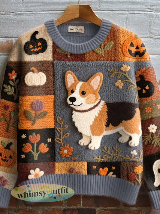 Gezellige gebreide trui voor dames in de herfst geïnspireerde Corgi-hond met vilt - als foto / S