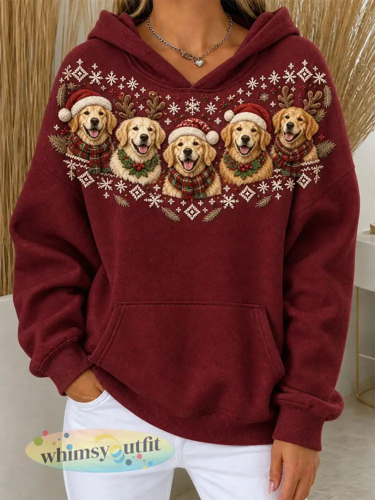 Goldens patroon casual hoodie met kerstthema voor dames - Wijnrood / S