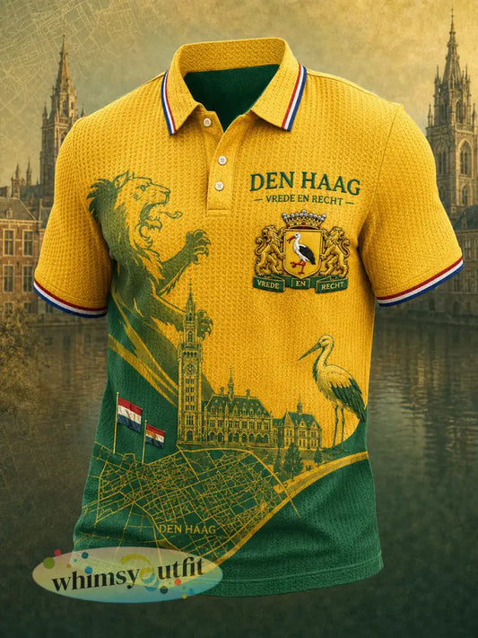 Grafisch poloshirt voor heren met stadsthema gebreid in wafelstructuur en korte mouwen - A / S