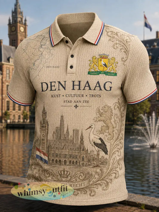 Grafisch poloshirt voor heren met stadsthema gebreid in wafelstructuur en korte mouwen - A / S