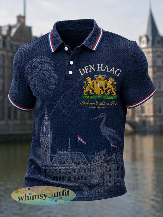 Grafische wafel-gebreid poloshirt met korte mouwen voor heren - A / S