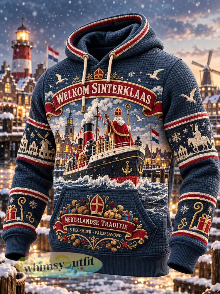 Grafische wafelgebreide hoodie voor heren met Sinterklaas-thema - A / S