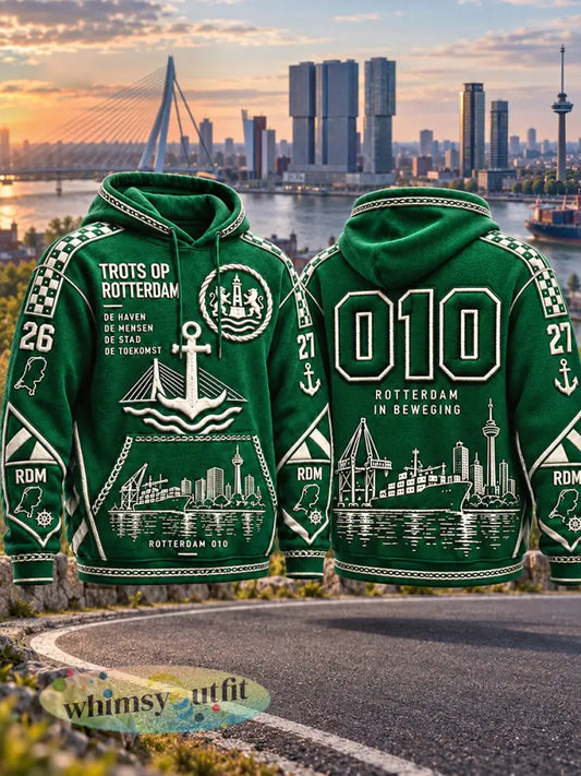 Groen heren-sweatshirt met capuchon patchwork en Rotterdam-print casual stijl - Groen / S