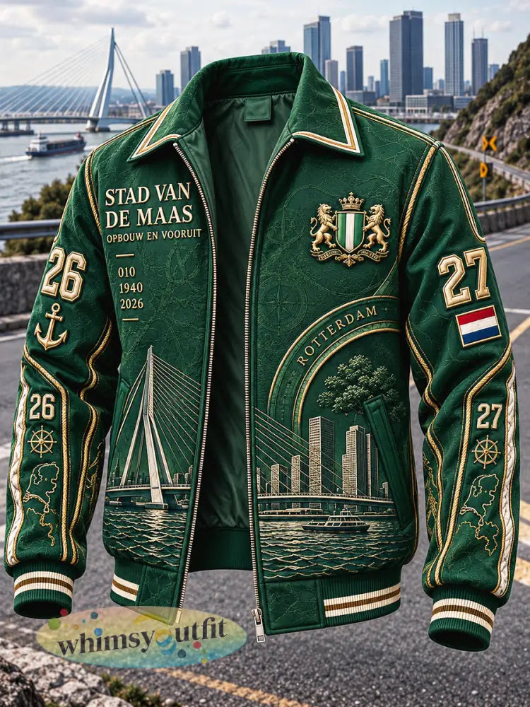 Groen Rotterdam-stadprint casual jack met rits voor heren - Groen / S