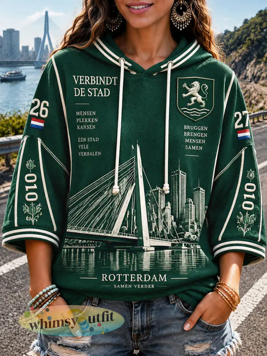 Groen Rotterdamse architectuurprint voor dames casual sweatshirt met capuchon - Groen / S
