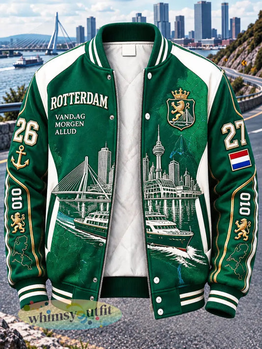 Groene Rotterdam-stad patchworkprint casual honkbaljack voor heren - Groen / S