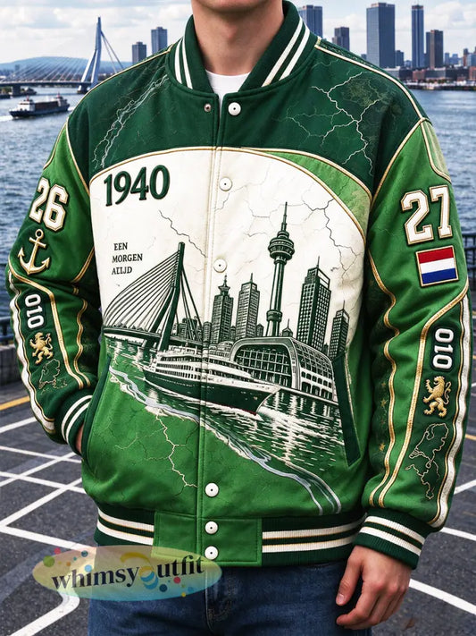 Groene Rotterdam-stadprint vrijetijdse baseballjack voor heren - Groen / S