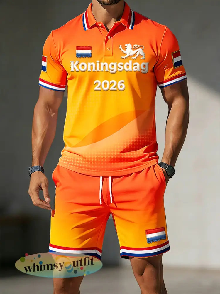Heren 2026 Nederland Koningsdag gradiëntprint casual poloshirt en korte broek set - Sinaasappel / S