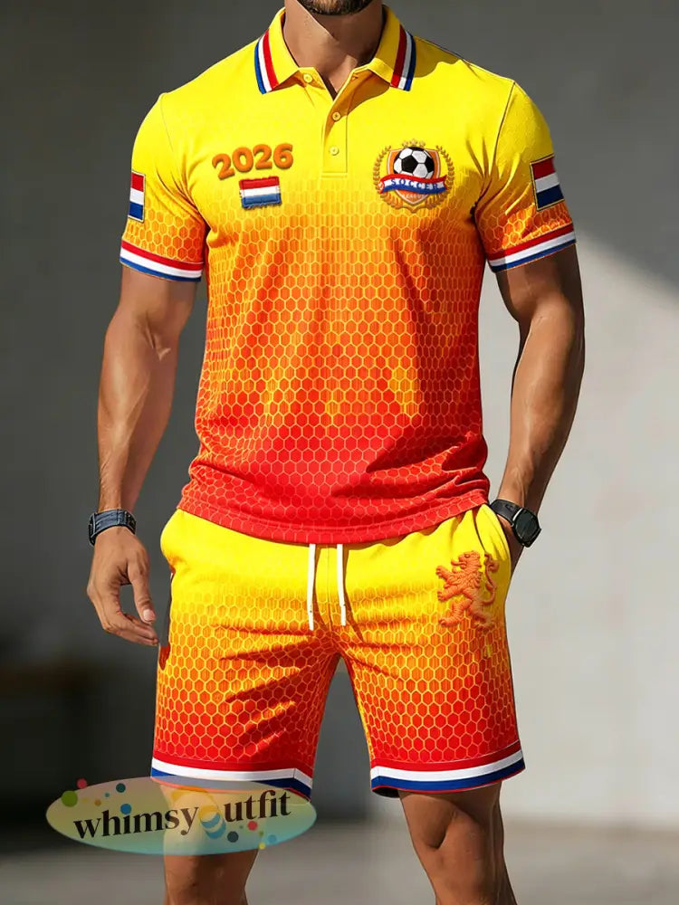 Heren 2026 Nederland Voetbal Gradiënt Print Casual Polo Shirt en Shorts Set - Sinaasappel / S