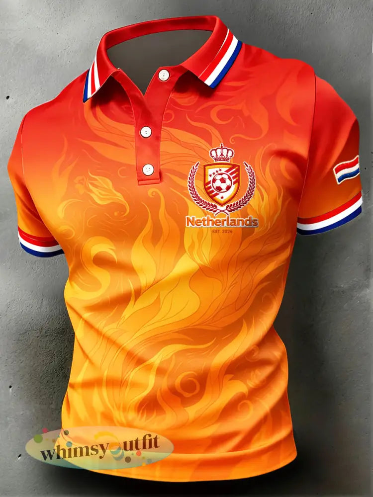 Heren 2026 Nederland Voetbal Gradiënt Print Cool Casual Poloshirt - Sinaasappel / S