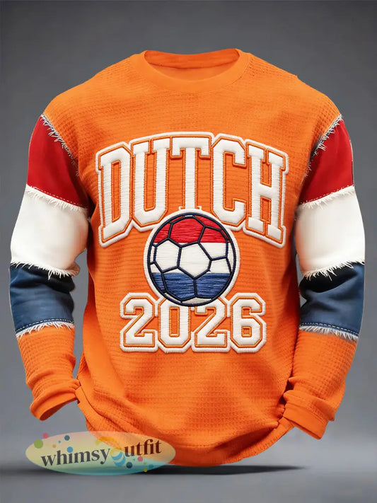 Heren 2026 Nederland Voetbal Patchwork Print Casual T-shirt met Lange Mouwen - Sinaasappel / S