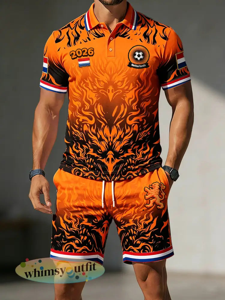 Heren 2026 Nieuw binnen Nederlandse voetbalprint casual poloshirt en korte broek set - Zwarte Sinaasappel / S