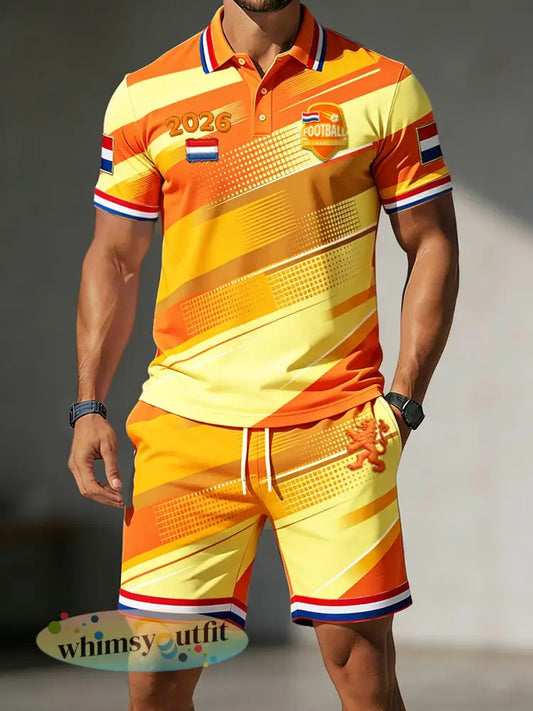 Heren 2026 Oranje Nederlandse Voetbalstreep Print Casual Poloshirt en Korte Broek Set - Sinaasappel / S