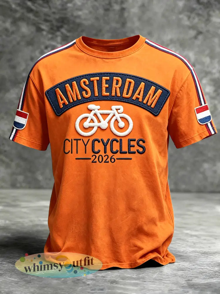 Heren 2026 Oranje Nederlandse Wielrennen Patchwork Print Casual T-shirt - Sinaasappel / S
