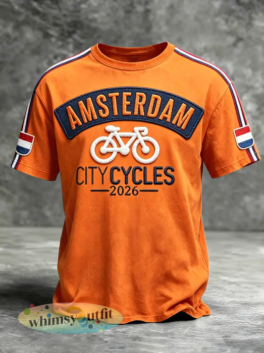 Heren 2026 Oranje Nederlandse Wielrennen Patchwork Print Casual T-shirt - Sinaasappel / S