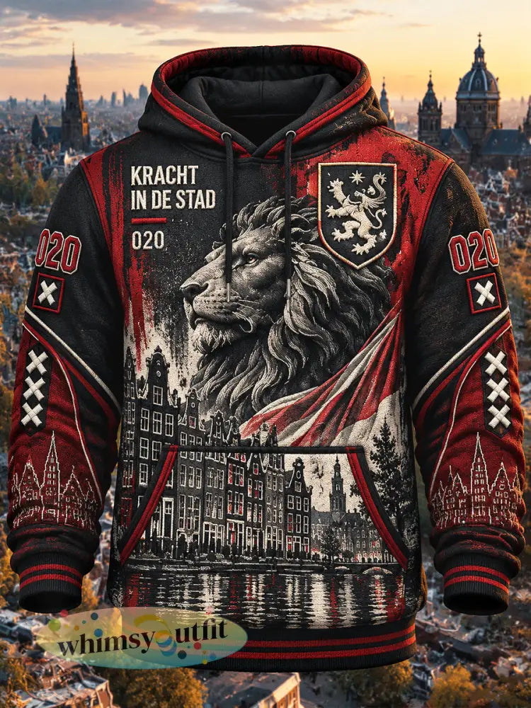 Heren Amsterdam City-sweatshirt met capuchon en leeuwenprint - Zwart / S