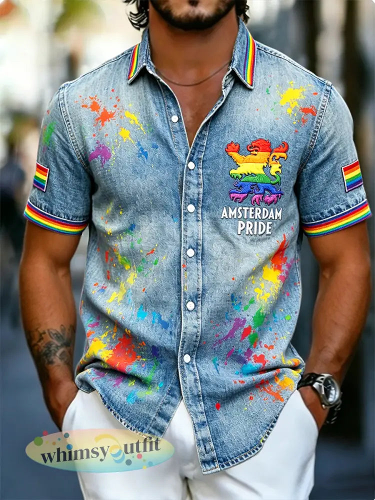 Heren Amsterdam LGBT Regenboog Denim-effect Print Casual Korte Mouwen Shirt - Blauw / S