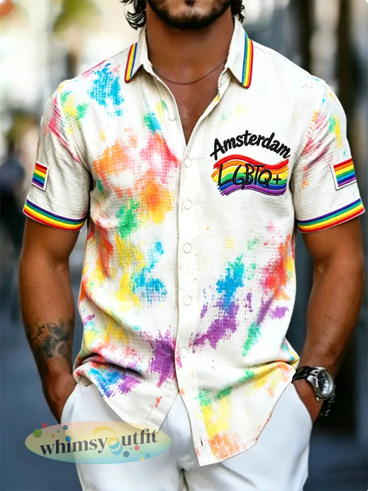 Heren Amsterdam Pride LGBT regenboogprint casual shirt met korte mouwen - Wit / S