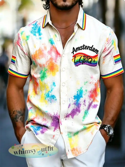 Heren Amsterdam Pride LGBT regenboogprint casual shirt met korte mouwen - Wit / S