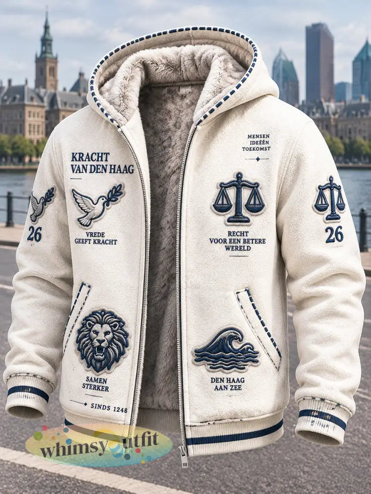 Heren beige vrijetijdshoodie met stadsprint van Den Haag en fleecevoering - Diep Blauw / S