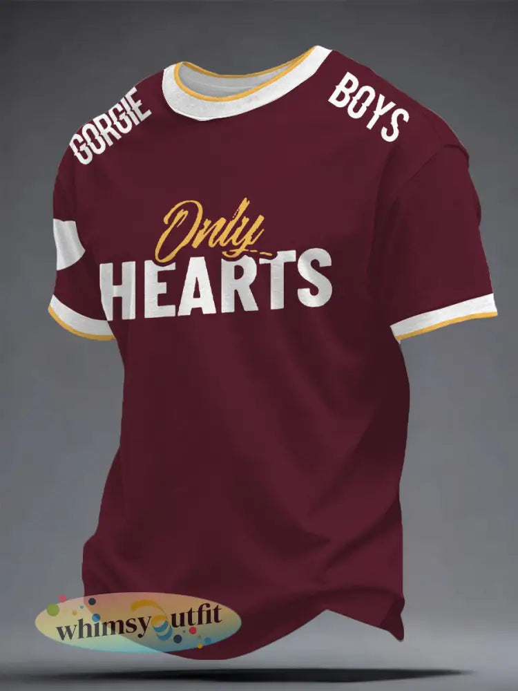 Heren bordeauxrood t-shirt met hartjes en voetbalprint