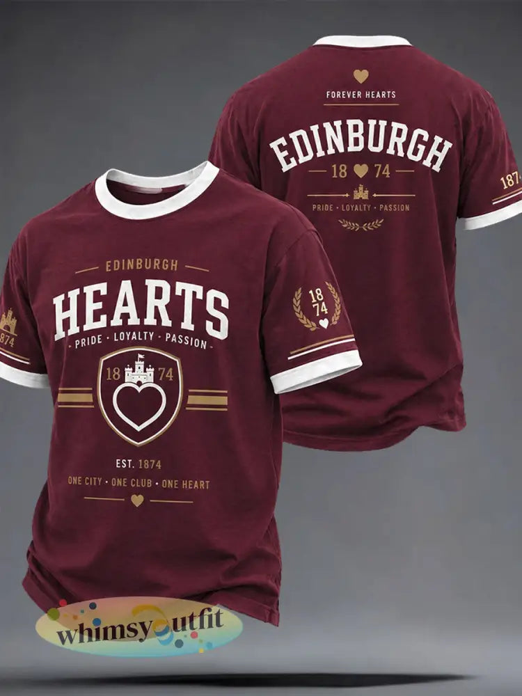 Heren bordeauxrood t-shirt met hartjes en voetbalprint - Diep Rood / S