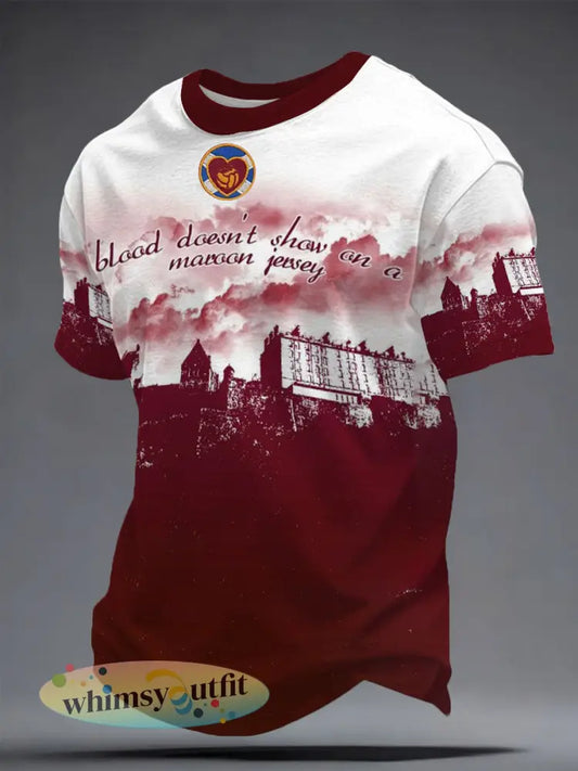 Heren bordeauxrood t-shirt met hartjes en voetbalprint - Diep Rood / S