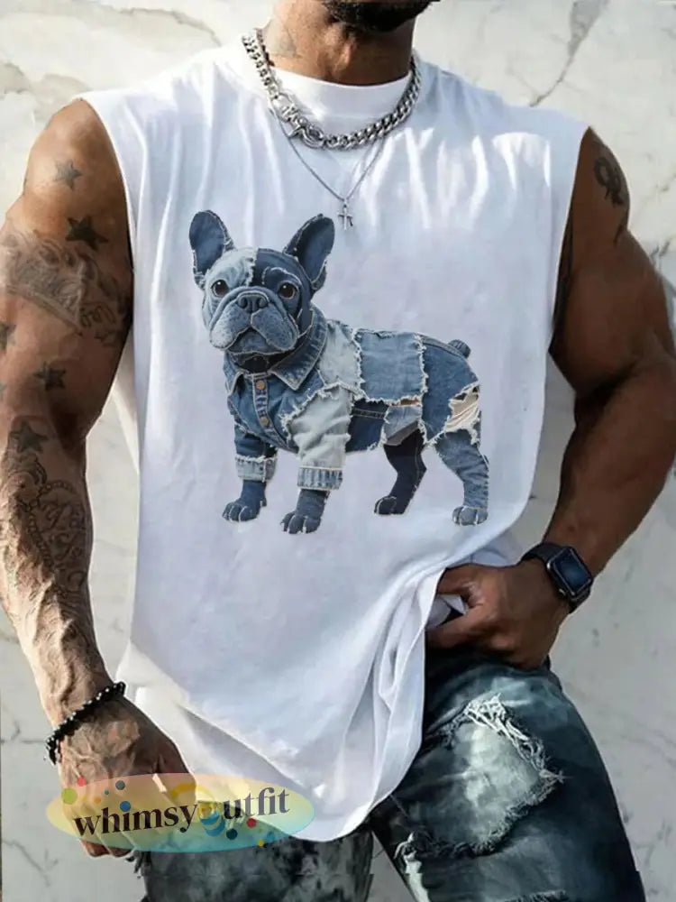 Heren Bulldog Patroon Patchwork Art Tank Top - Wit / S