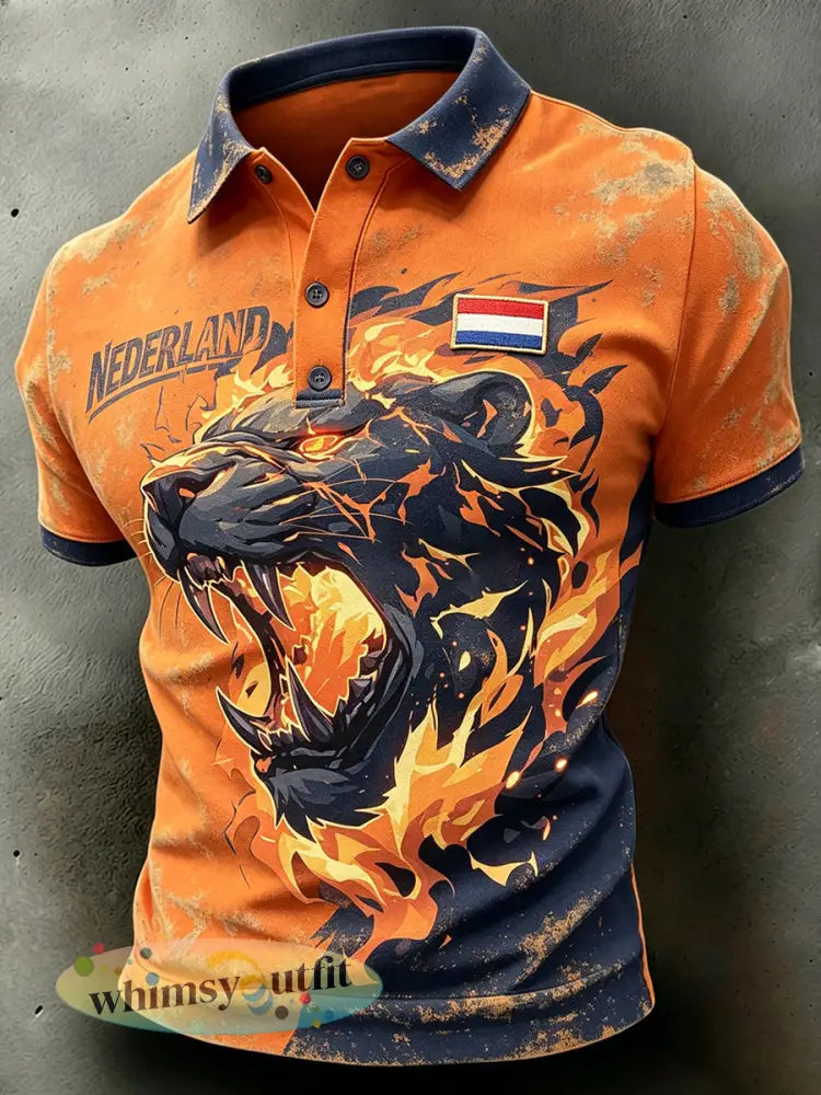 Heren casual poloshirt met verweerd leeuwenmotief - A / S