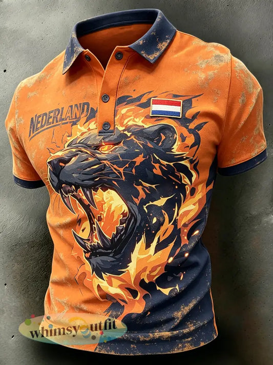 Heren casual poloshirt met verweerd leeuwenmotief - A / S