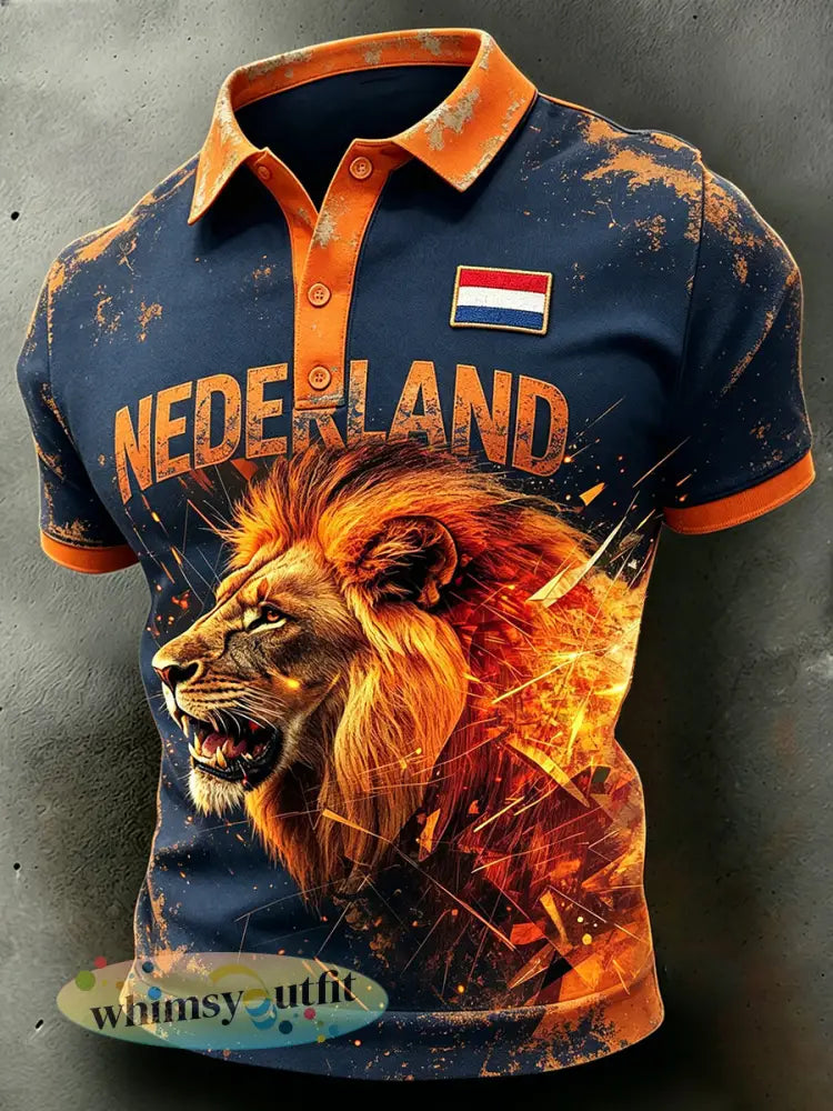 Heren casual poloshirt met verweerd leeuwenmotief - A / S