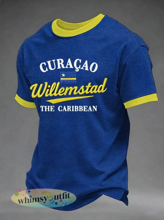 Heren Curaçao-print casual t-shirt - Blauw / S