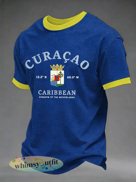 Heren Curaçao-print casual t-shirt - Blauw / S
