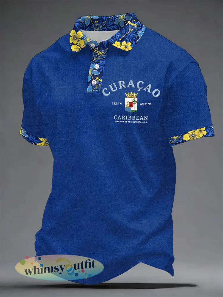 Heren Curaçao-print casual t-shirt - Blauw / S