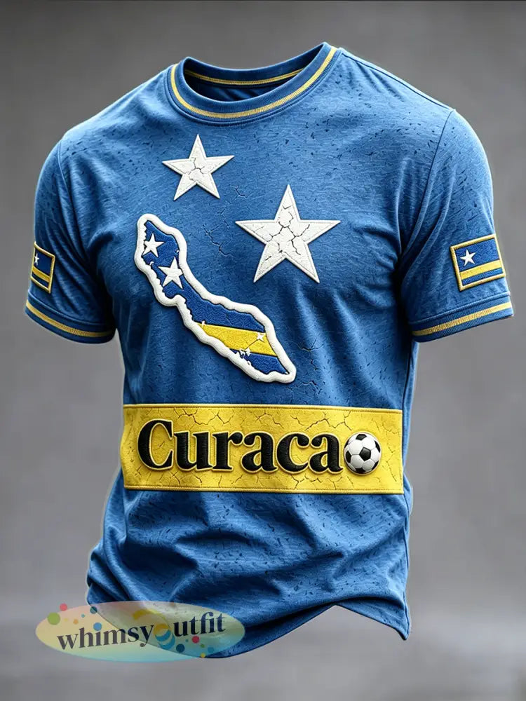 Heren Curaçao-voetbalprint blauw casual T-shirt - Blauw / S