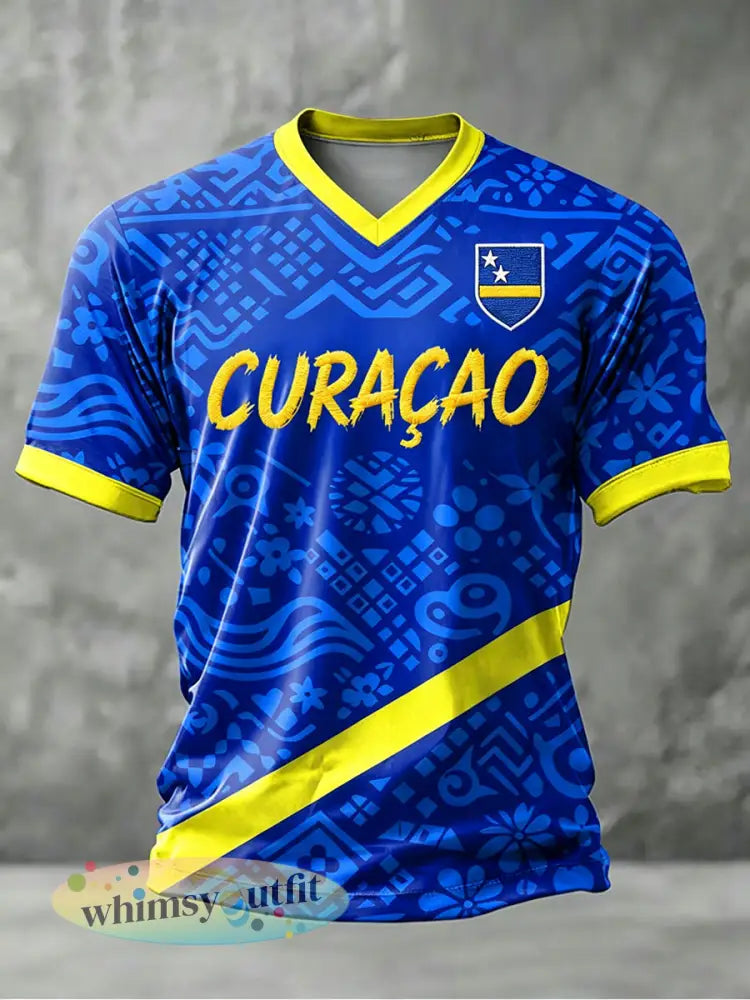 Heren Curaçao voetbalprint casual t-shirt - Blauw / S
