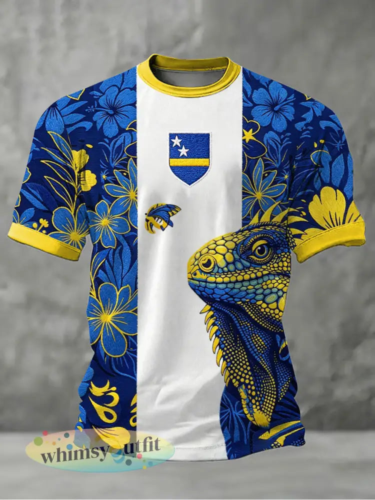 Heren Curaçao voetbalprint casual t-shirt - Blauw / S