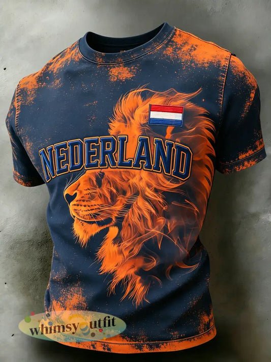 Heren Distressed T-shirt met vlam en leeuw Print - A / S