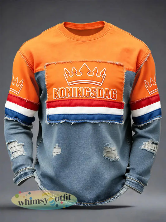 Heren Duitse Koningsdag denim patchwork print T-shirt met lange mouwen - Veelkleurig / S
