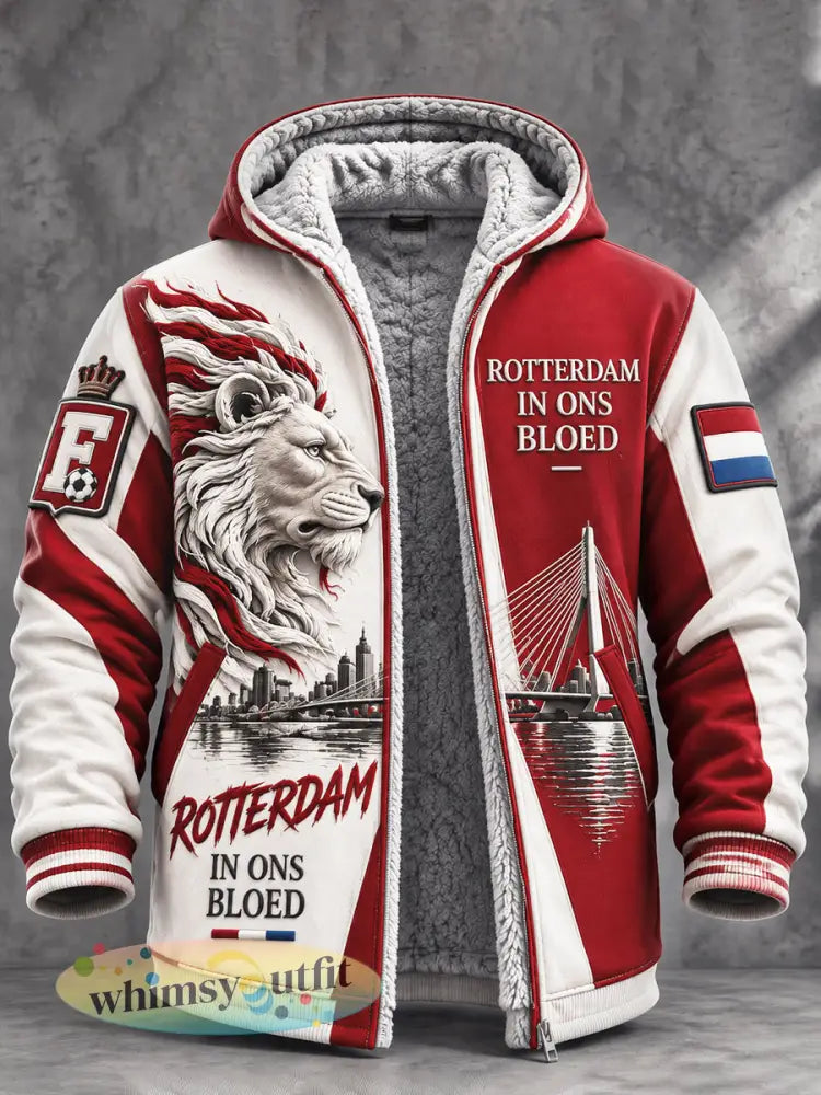 Heren Eredivisie Feyenoord voetbalclub leeuwenprint gevoerde casual hoodie - Rood / S