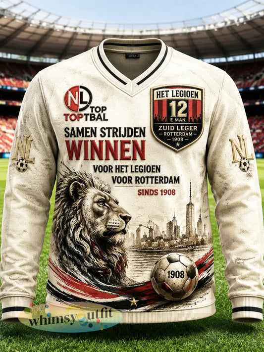 Heren Eredivisie-voetbal van Feyenoord met leeuwenprint casual sweater met V-hals - Romig-Wit / S