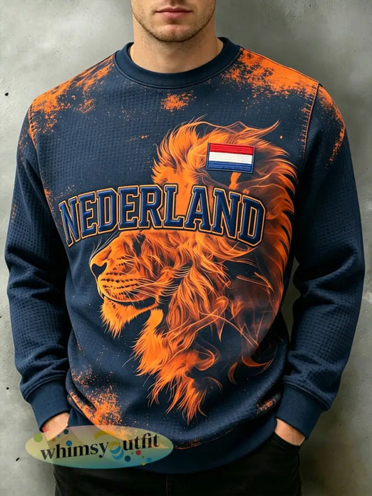 Heren gestoorde Flame & Lion Print wafel-gebreide T-shirt met lange mouwen - A / S