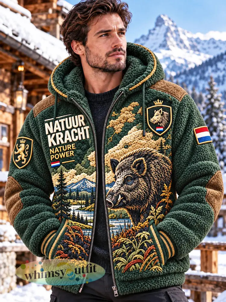 Heren Groen Nederlands Jachtseizoen Wild Bear Print Casual jack met fleecevoering en capuchon - Groen / S