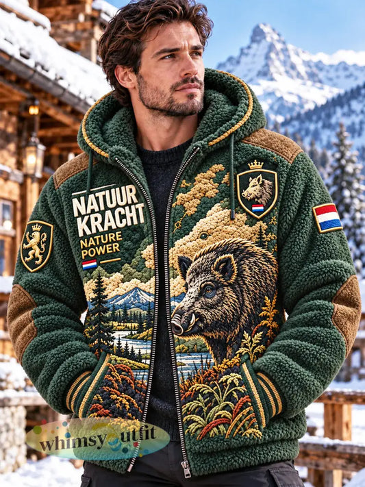 Heren Groen Nederlands Jachtseizoen Wild Bear Print Casual jack met fleecevoering en capuchon - Groen / S