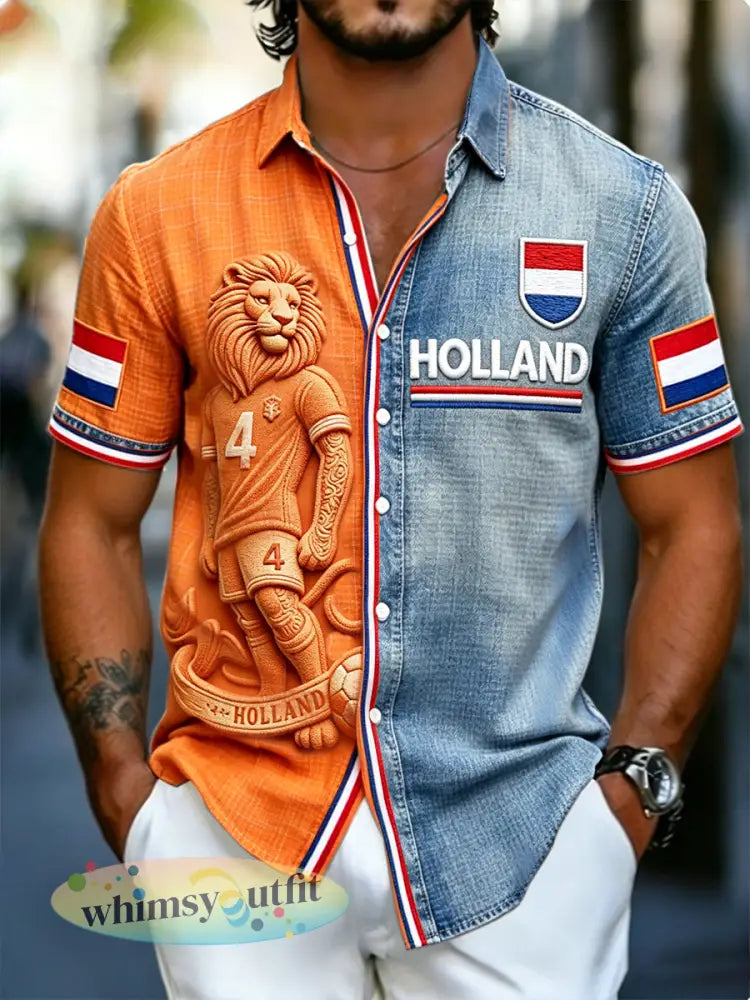 Heren Hollandse vlag voetbal leeuw 3D-print casual shirt met korte mouwen - Veelkleurig / S