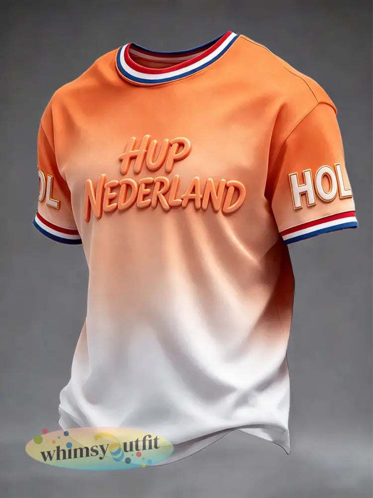 Heren ’Hup Nederlands!’Football Gradient Print Casual T-shirt - Sinaasappel / S