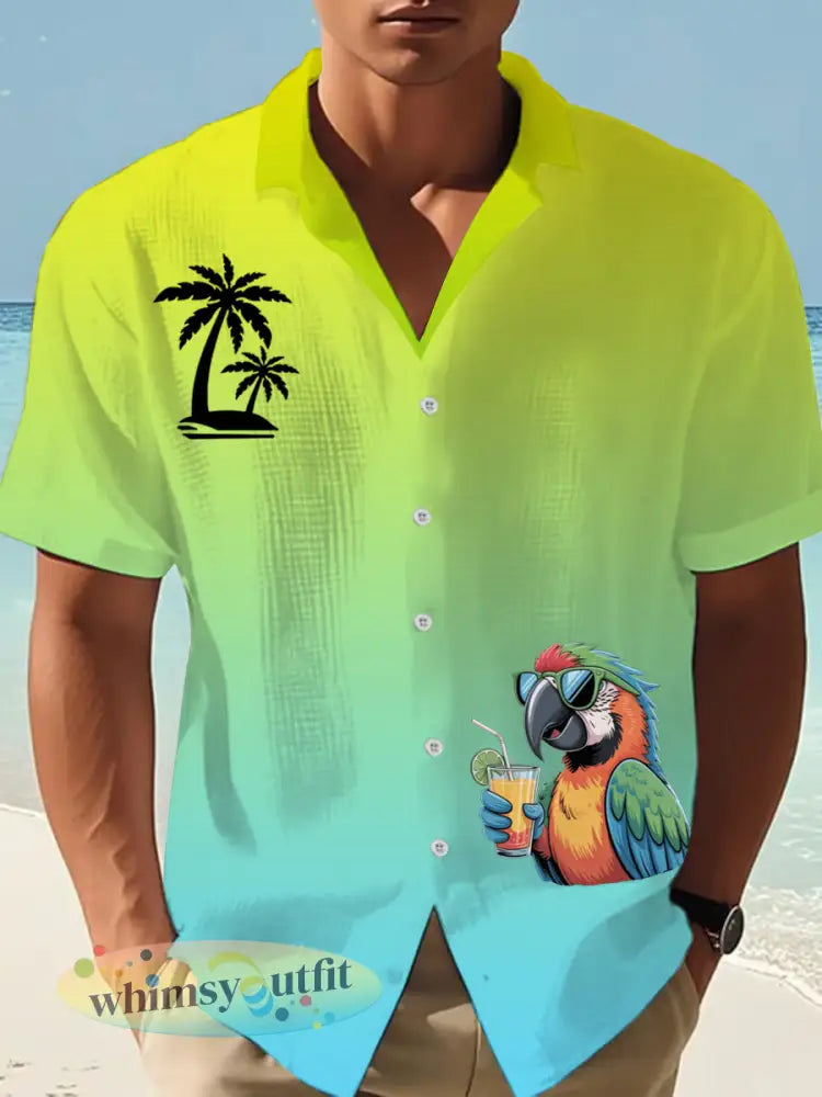 Heren Ik ben met pensioen Het is 5 uur overal papegaaienprint casual wafel met korte mouwen - blauwgroen / S