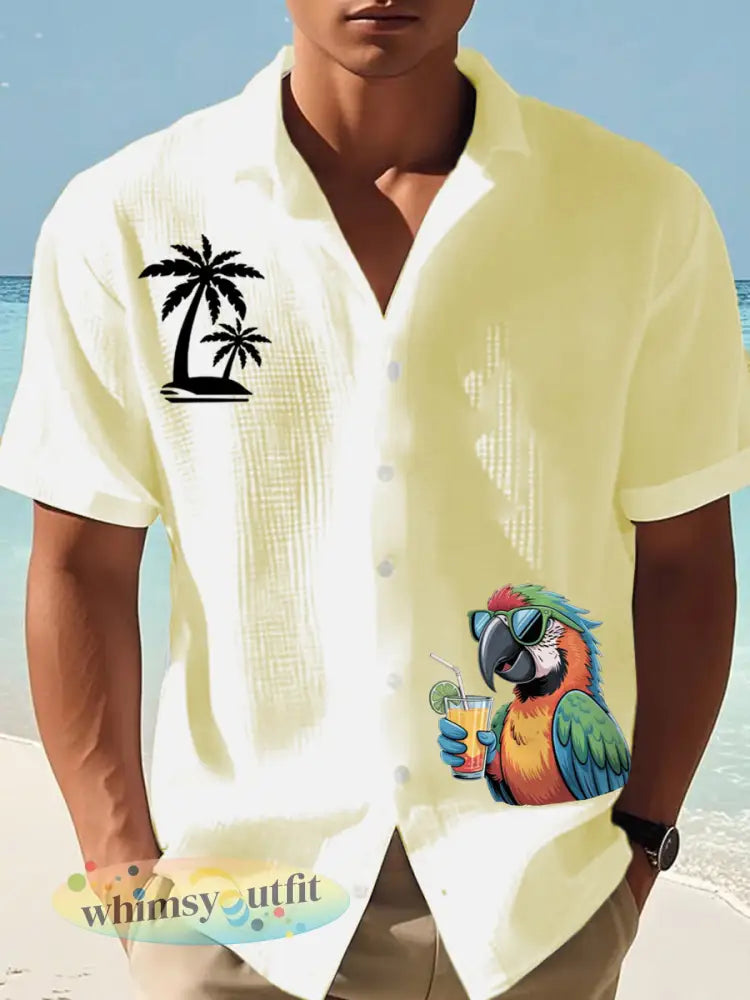 Heren Ik ben met pensioen Het is 5 uur overal papegaaienprint casual wafel met korte mouwen - lichtgeel / S